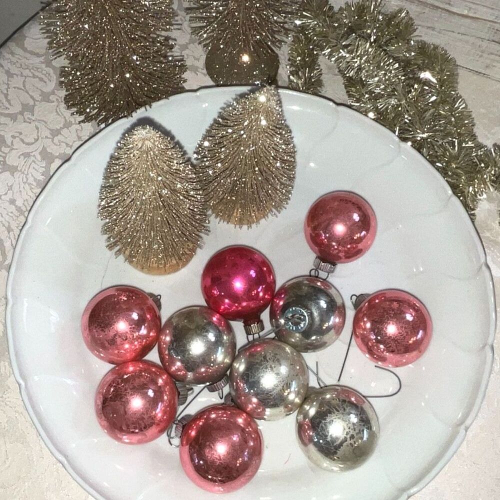 10 vintage Shiny Brite Christmas balls; pastel colors pink and silver - Picture 2 of 4